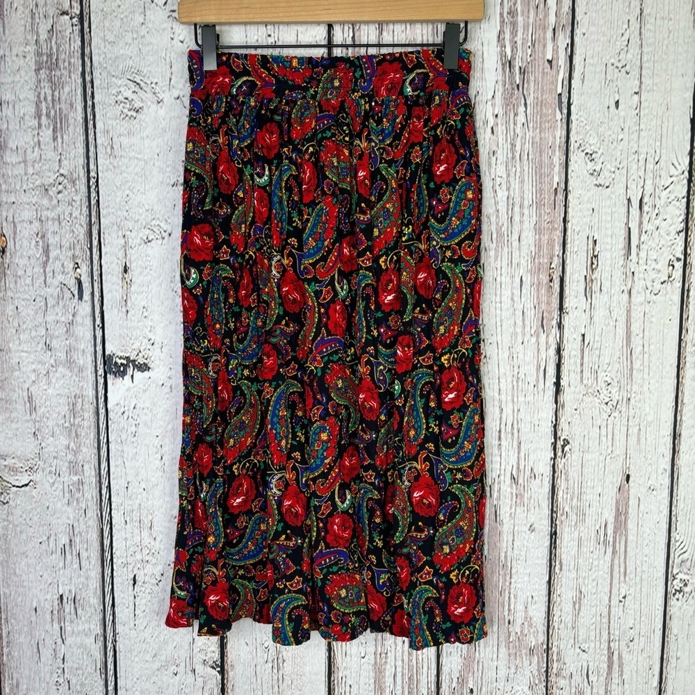 Vintage 1990s Chaus Midi Skirt Elastic Gathered Waist Paisley Print Size Small